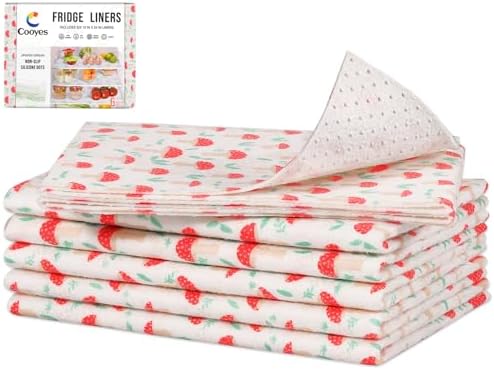 Cooyes 6 Pack Cloth Shelf Liners 12" × 24", Non-Slip Refrigerator Liners Machine Washable, Easy to Cut, Freezer Drawer Mats for Glass Shelves and Kitchen Cabinets, (Red Mushroom)