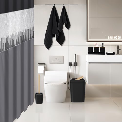 XLHOMO Black Bathroom Accessories with Glitter Shower Curtain,Towel Set 24 PCS Bathroom Set with Shower Curtain Set Bathroom Set Black Shower Curtain with Bathroom Trash Can