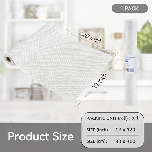 FIFTY FEET 12"x120" Non-Adhesive Shelf Liner for Kitchen Cabinets and Drawers, Washable Non-Slip PVC Cabinet Liner (White Circle)(1 Roll)
