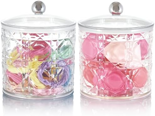 2-Pack Scrunchies Holder, 20oz Qtip Holder, Plastic Bathroom Canisters, Elegant Vanity Storage Containers for Hair Accessories & Beauty Supplies