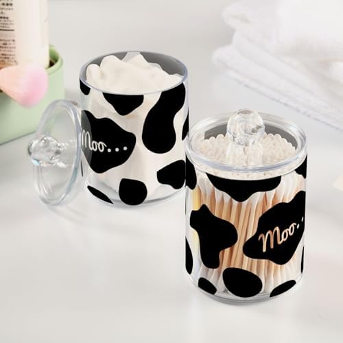 Cow Print Red Heart 4 Pack Plastic Qtips Holder Bathroom Organizer Canisters for Cotton Balls/Swabs/Pads/Floss,Plastic Apothecary Jars for Vanity