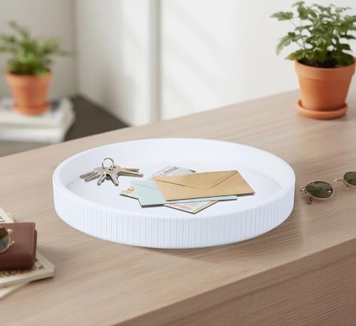 HofferRuffer Round Decorative Tray, Faux Leather Vanity Tray Decor, Decorative Catchall for Perfume, Bathroom Valet, Nightstand or Dresser (White Stripe, Round-12" x 12" x 1.6")