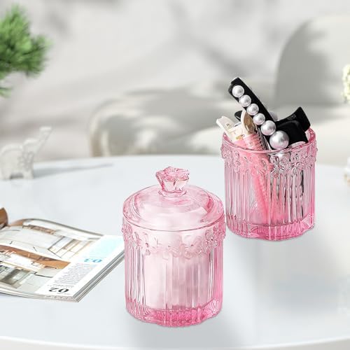 2 Pack Qtip Holder Glass Bathroom Storage Canisters for Cotton Rounds, Apothecary Jars with Lids, Cute Crystal Beauty Eggs Makeup Pads Dispenser, Candy Container Floss Organizers (Pink)