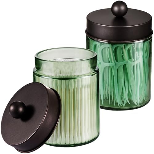 Amolliar Green Glass Apothecary Jar, Qtip Holder for Bathroom, Bronze 2Pack