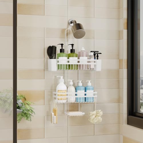 Shower Caddy Hanging for Bathroom Organizers and Storage, 3 Tier Adjustable Anti-Swing Shower Organizer hanging with Heavy-Duty Suction Cups, Damage-Free Rustproof (White)