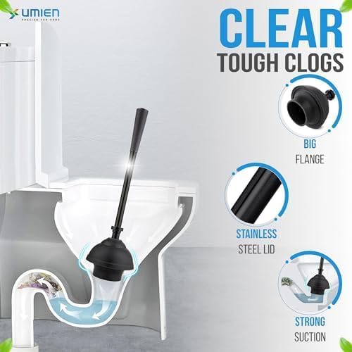 UMIEN 2-Pack Toilet Brush and Plunger Set, Matte Black, Long Handle | Toilet Brush + Plunger Combo, No-Rust Stainless Steel, Long Handle, Freestanding Canister