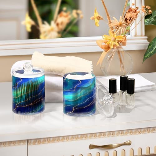 MNSRUU 2 Pack Qtip Holder Organizer Dispenser Blue Marble Bathroom Storage Canister Cotton Ball Holder Bathroom Containers for Cotton Swabs/Pads/Floss