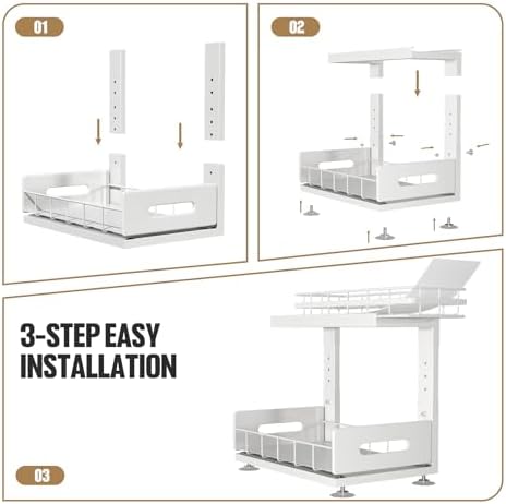 Under Sink Organizer Upgrade To Professional Rails,2-Tier Dual Pull Out Cabinet Storage,Height Adjustable Slide Out Drawers For Bathroom Kitchen,2 Pack-14.5" Dx12.8-16.9" H,White