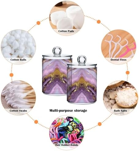 MNSRUU 4 Pack Qtip Holder Organizer Dispenser Marble Purple Gold Bathroom Storage Canister Cotton Ball Holder Bathroom Containers for Cotton Swabs/Pads/Floss