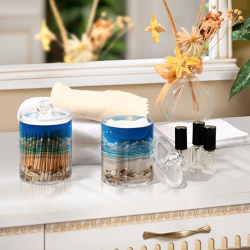 Beautiful Beach Scene Qtip Holder 4 Pack - 10 Oz Clear Plastic Apothecary Jar Set for Bathroom Organization - Versatile Canister Storage for Cotton Balls, Swabs, Rounds