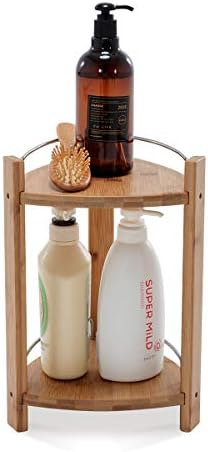 GOBAM Bamboo Shower Corner Caddy, Medium - 2 Tier Bathroom Organizer Countertop for Shampoo, Conditioner, Lotion, Soap - Standing Shower Stand for Kitchen, Bedroom, or Office