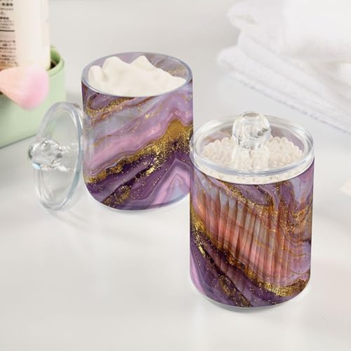 MNSRUU 4 Pack Qtip Holder Organizer Dispenser Marble Purple Gold Bathroom Storage Canister Cotton Ball Holder Bathroom Containers for Cotton Swabs/Pads/Floss
