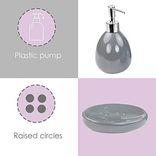 4-Piece Ceramic Bathroom Set (Grey), By Home Basics | Contemporary Design Bathroom Accessory Sets | Accessories For Bathroom | Includes Soap Dish, Tumbler, Toothbrush Holder, and Lotion Dispenser