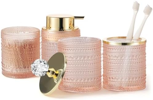 Pink Glass Bathroom Accessories Set with Foaming Soap Dispenser