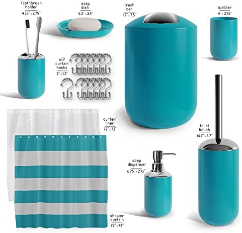 Clara Clark Bathroom Set - Teal Bathroom Accessories Set, 20PC Bathroom Accessory Set, Shower Curtain Set with Liner, Toothbrush Holder, Soap Dispenser, Soap Dish, Toilet Brush Holder, and Trash Can