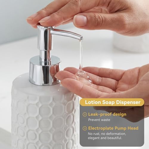 White Ceramic Bathroom Accessories Set, 4 Piece, Honeycomb Design with Soap Dispenser Pump, Tumbler, Toothbrush Holder, Soap Dish