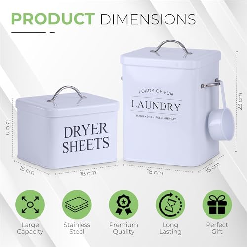 Metal Laundry Detergent Container Set for Powder, Pods and Dryer Sheets, 2 Galvanized Canisters with Scoop, Airtight Silicone Gasket Lids, 10 lb Capacity, White