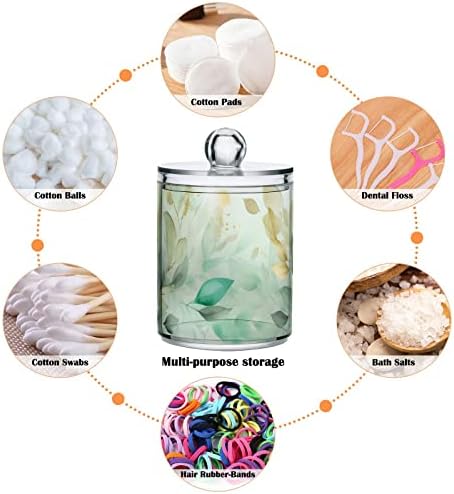 Vnurnrn Green Gold Leaves Clear Plastic Jar Set for Cotton Swab Cotton Ball Cotton Round Pads Floss, Bathroom Canisters Storage Organizer, Vanity Makeup Organizer 2 Pack