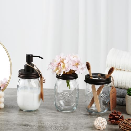 SheeChung 2 Piece Mason Jar Soap Dispenser and Toothbrush Holder Set,Bronze