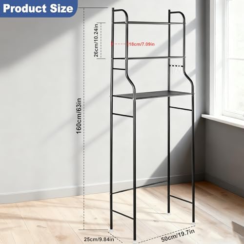 3-Tier Over-The-Toilet Storage Shelf, Freestanding Metal Bathroom Organizer with Hooks, Space-Saving Above Toilet Shelves for Small Bathroom, Adjustable Feet, Anti-Tip Design, Black