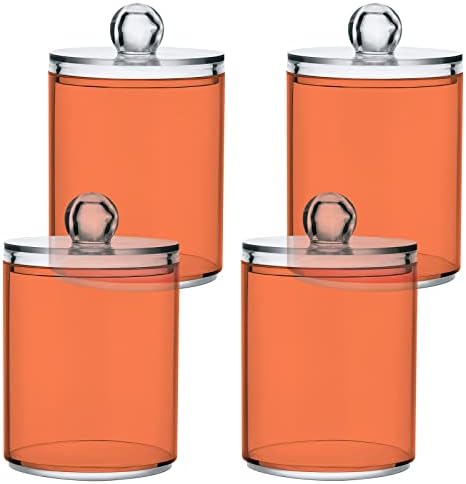 SHJI Coral Qtip Holder Organizer Dispenser Cotton Swabs Cans Plastic Jars with Lid Set 4 Pack Bathroom Storage Canister for Cotton Ball Floss Cotton Pads