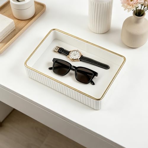 PU Leather Valet Tray,Desk Organizer Tray Nightstand Organizer Trinket Dish Storage Key Bowl Decorative Trays for Phone Wallet Jewelry Watch,Bathroom Bedroom Perfume Vanity Trays,Cream