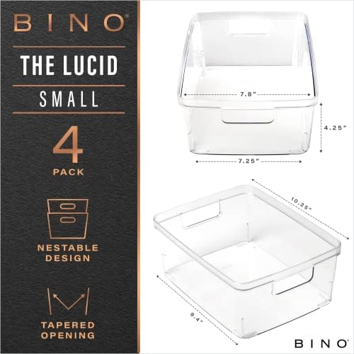 BINO Plastic Storage Containers, Small - 4 Pack THE LUCID COLLECTION, Multi-Use Organizer Bins Built-In Handles BPA-Free Clear, Fridge, Pantry & Home Organization