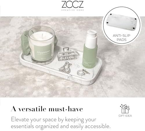 ZCCZ White Marble Bathroom Accessories Set 6 Pieces - Toothbrush Holder, Lotion Dispenser, Qtip Container, Vanity Tray, Tumbler - Countertop Organizer for Bathrooms - Elegant and Functional Décor Set