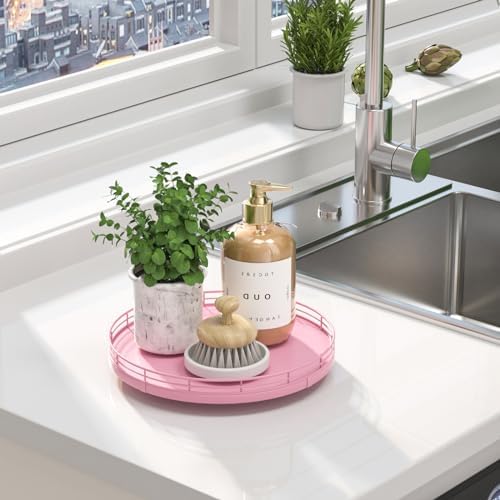 Oroyutor 10-Inch Oak Lazy Susan Vanity Tray, Pink Finish