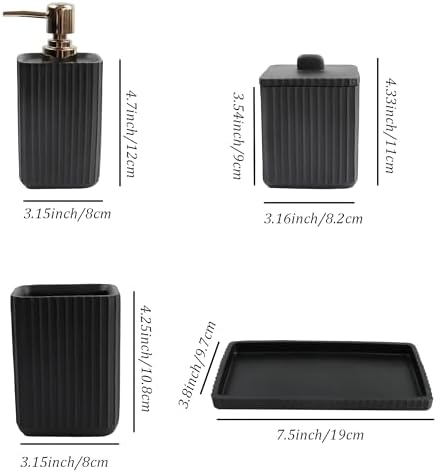 Hymmah Black Bathroom Accessories Set,Unique Design Bathroom Set 5 Pcs Resin Gift Set Apartment Necessities, Contain Cotton Swab Jar,Soap Dispenser,Soap Dish/Tray,Tumbler