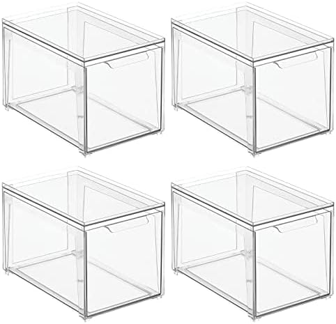 mDesign Plastic Stackable Bathroom Storage with Pull Out Bin Organizer Drawer for Cabinet, Vanity, Shelf, Cupboard, Cabinet, or Closet Organization - Lumiere Collection - 4 Pack - Clear