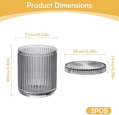 2 Pack Ribbed Glass Qtip Holder with Lid, Gray