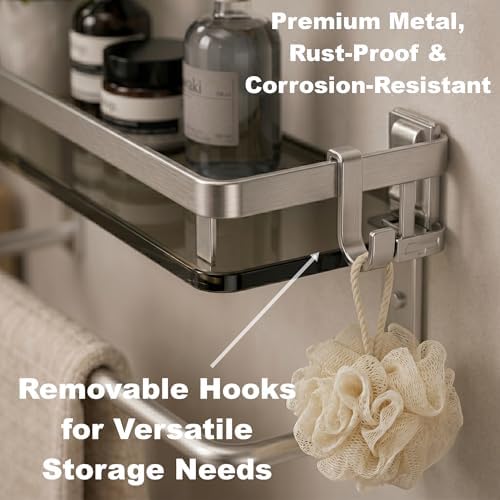 VOLPONE Glass Bathroom Shelf 15.7 in Bathroom Wall Shelf with Towel Holder Tempered Glass Shelf Wall Mount with 2 Removable Hooks Silver（1 Tier）