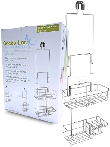 Gecko-Loc Extra-Long Adjustable Over-the-Showerhead Shower Caddy – Rustproof Stainless Steel Organizer with Suction Stabilizer, Deep Basket & Hooks – No-Drill, Tool-Free Installation (Silver)