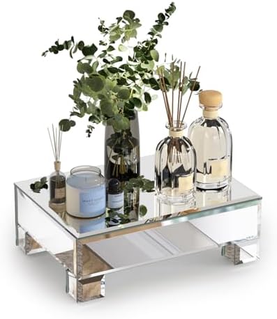 Mirrored Risers for Display, Tabletop Display Stand, Mirrored Perfume Tray for Vanity, Silver Soap Stand, Pedestal Stand, Glass Risers for Countertop, 8.6”W x 6”D x 3”H