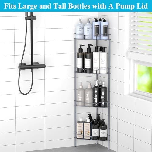 HuggieGems Metal Floor Standing Corner Shower Caddy, Dark Gray, 4 Tier