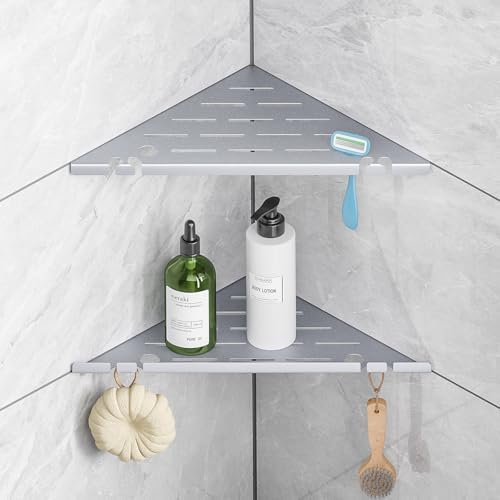 Shower Corner Shelf Organizer Rack with Hooks & Razor Hole, 2Pack-Silver