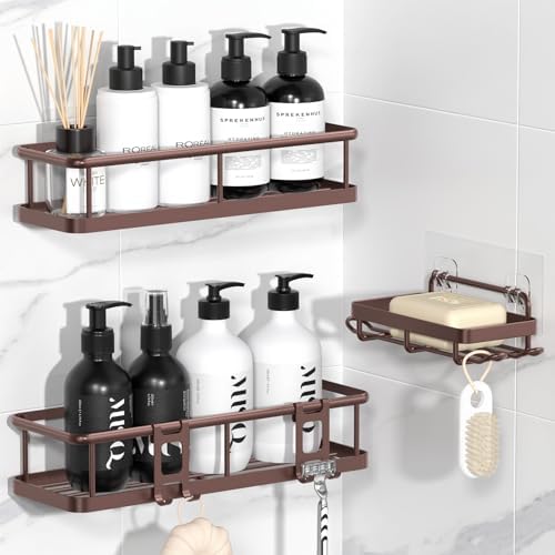 YASONIC Shower Caddy Adhesive, Rustproof Shower Organizer with Soap Holder, Large Capacity Shower Shelves for Inside Shower, No Drilling Bathroom Organizers and Storage for Home Decor（3 Pack Bronze）