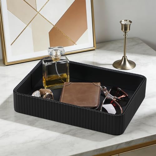 Desk Organizer Tray, PU Leather Nightstand Organizer, Black 2-Pack