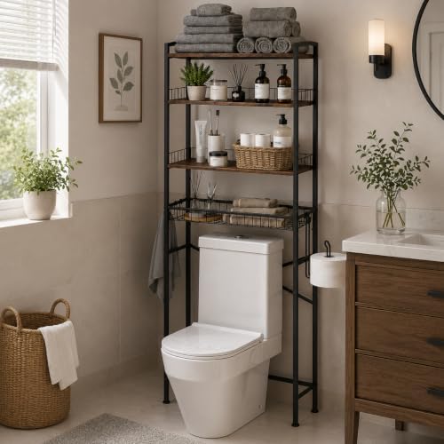 Over The Toilet Storage Shelf, 4-Tier Adjustable Bathroom Organizer with Toilet Paper Holder & Hooks, Metal Space Saver Rack Above Toilet for Bathroom, Kitchen, Black