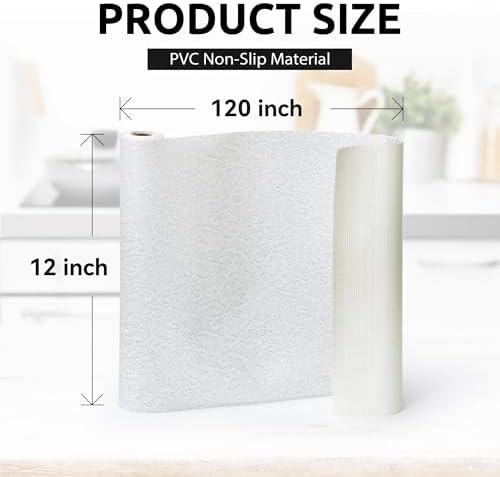 12X120 Inch Shelf Liner with Scissor & Tape Measure for Kitchen Cabinets, PVC Drawer Liner for Dresser Non-Slip Bathroom, Non-Adhesive Cabinet Liner Washable (White)