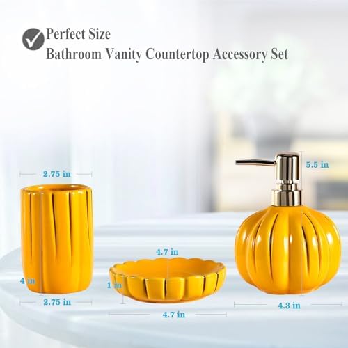 Fall Bathroom Accessories Set of 3, Thanksgiving Pumpkin Bathroom Decor, Ceramic Bathroom Sets Complete -Toothbrush Holders, Soap Dispenser, Soap Dish, Bathroom Organizer for Countertop