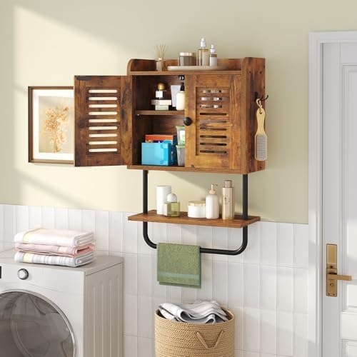 HOOBRO Bathroom Wall Cabinet, Double Doors Medicine Cabinet with Towel Bar, Adjustable Shelf, 2 Hooks, Over The Toilet Storage Cabinet, for Bedroom, Kitchen, Rustic Brown BF46CW01