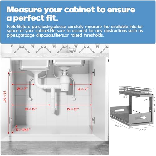 Under Sink Organizer Upgrade To Professional Rails,2-Tier Dual Pull Out Cabinet Storage,Height Adjustable Slide Out Drawers For Bathroom Kitchen,2 Pack-18.5"Dx12.8"-16.9"H,Gun Gray
