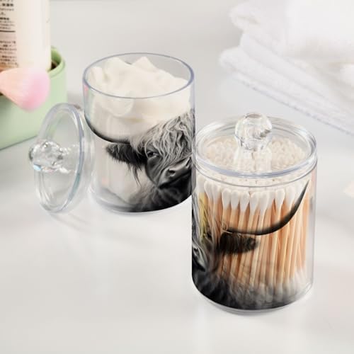 Apothecary Jars Bathroom Storage Organizer with Lid - 14 oz Qtip Holder Dispenser, Highland Cow Clear Plastic Canister for Cotton Swab, Cotton Ball, 2PCS