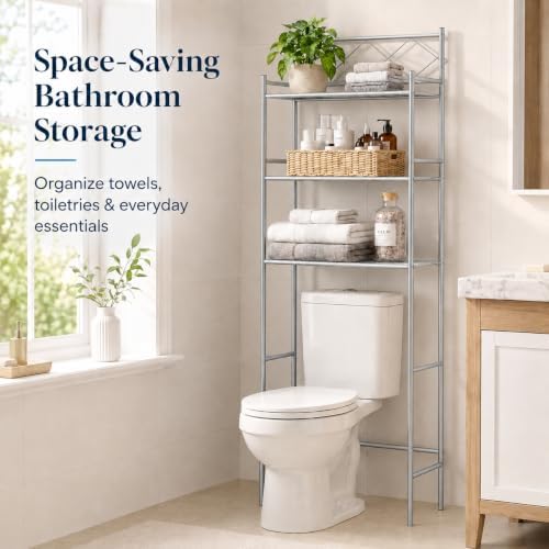 American Dream 3-Shelf Over-the-Toilet Space Saver Bathroom Storage Rack – Freestanding Metal Organizer with Open Shelves for Towels, Toiletries & Bathroom Essentials. Silver