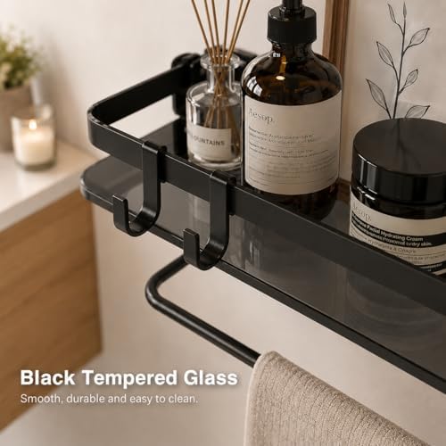 VOLPONE Glass Shelf for Bathroom 15.7 in Black Bathroom Shelves Wall Mounted Tempered Glass Shelving with 4 Removable Hooks (2 Tier)
