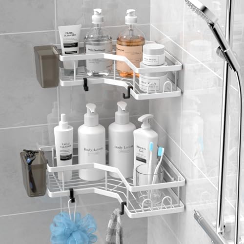 AKTECKE Shower Caddy Corner Organizer Shelf: 2Pack Adhesive Shower Essentials Accessories - No-Drilling Stainless Steel Bathroom Storage Rack with Hooks