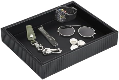 HofferRuffer Faux Leather Vanity Tray, Elegant Desktop Storage Organizer, Decorative Catchall for Perfume, Bathroom Valet, Nightstand or Dresser, 10.2 x 8.4 x 1.8 inches (Black Stripe)