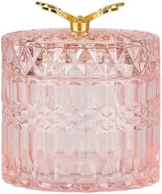 Glass Jewelry Jar with Lid, Cotton Swab Qtips Holder Dispenser Glass Candy Buffet Jar Small Glass Storage Jar Cute Butterfly Lids,Pink,Big, 22000015-PINK-BIG